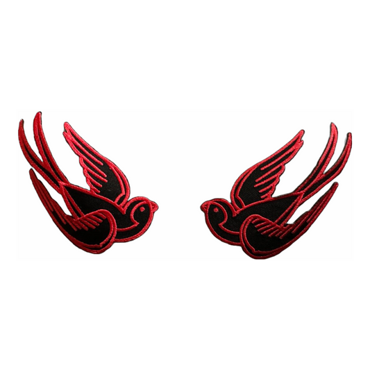 Red & Black Swallow / Sparrow Birds Iron-on Patch Left and Right Set